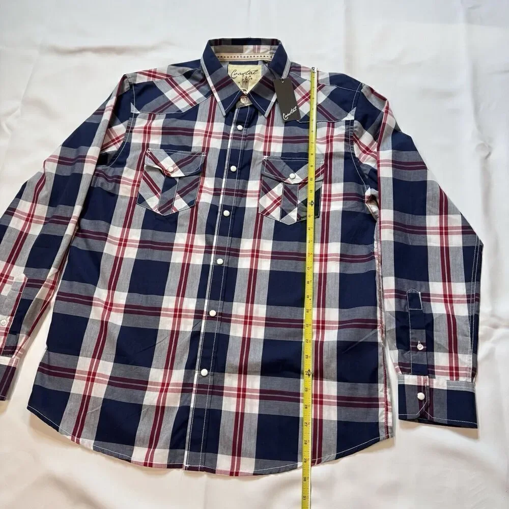 Coastal Men Sz L Button Up Shirt Large Red Navy Plaid Flannel Long Sleeve Collar